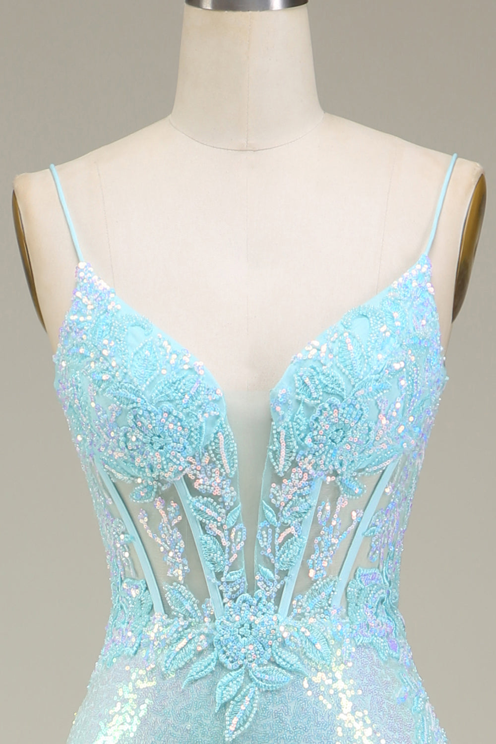 Sparkly Mermaid Spaghetti Straps Light Blue Prom Dress with Slit