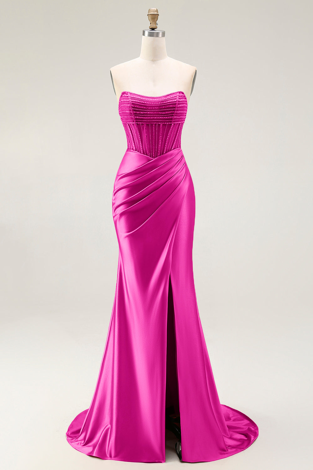 Sparkly Blush Mermaid Strapless Ruched Long Prom Dress with Slit