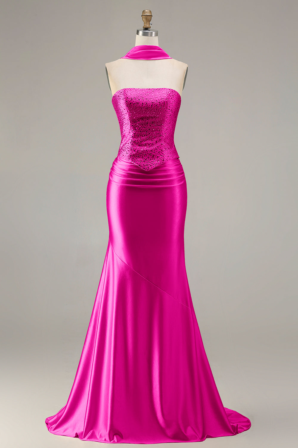Sparkly Champagne Mermaid Neck Scarf Long Prom Dress with Beading