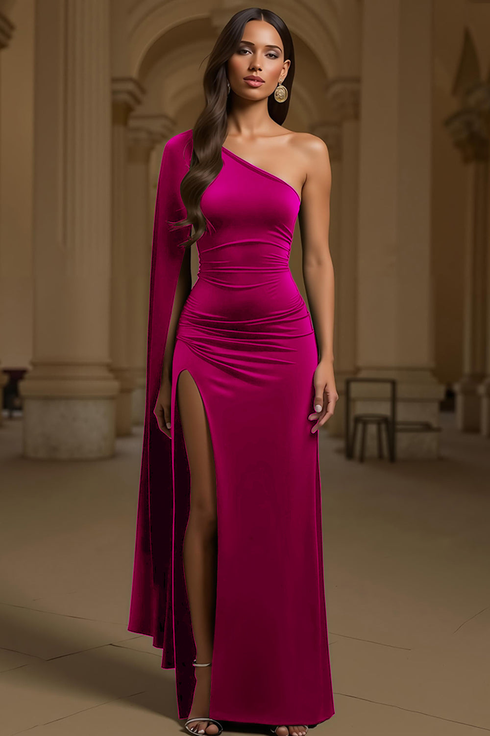 Dark Green Sheath Velvet One Shoulder Long Holiday Party Dress with Slit