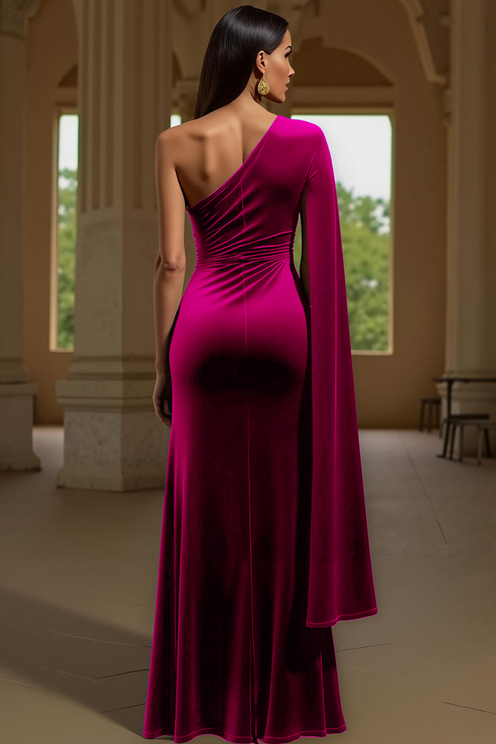 Dark Green Sheath Velvet One Shoulder Long Holiday Party Dress with Slit