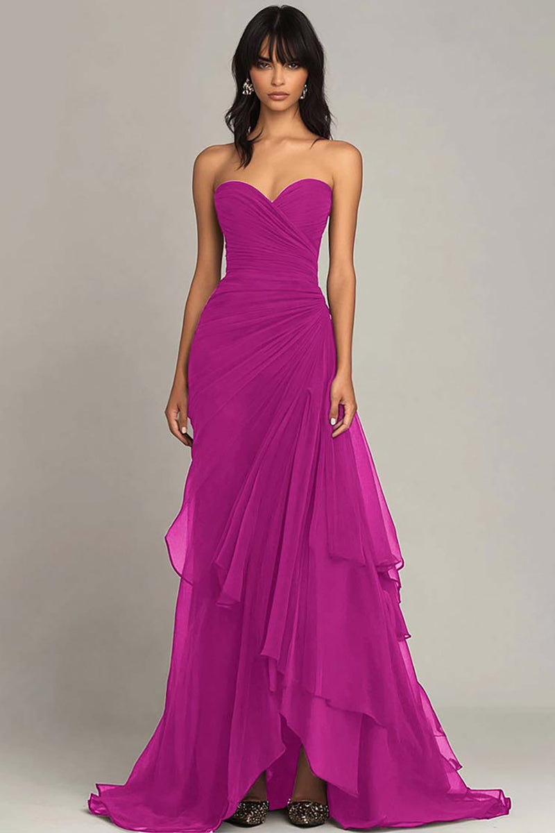 Dark Brown Sweetheart Ruched Long Formal Dress with Ruffles