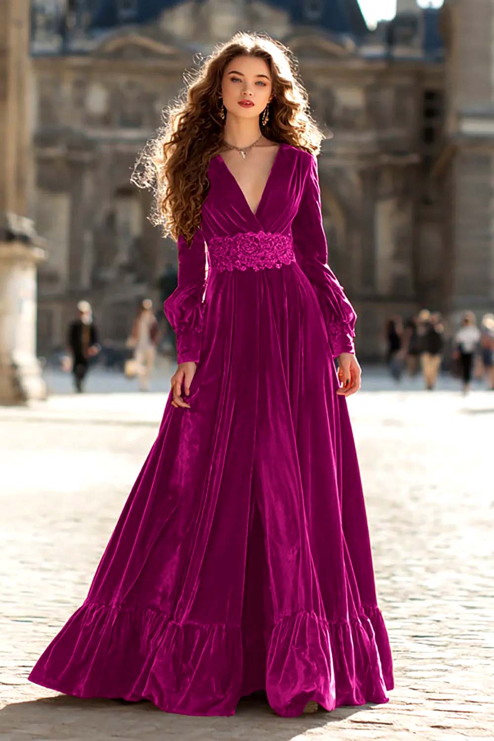 Brown Velvet A Line V-Neck Long Sleeves Formal Dress with Ruffles