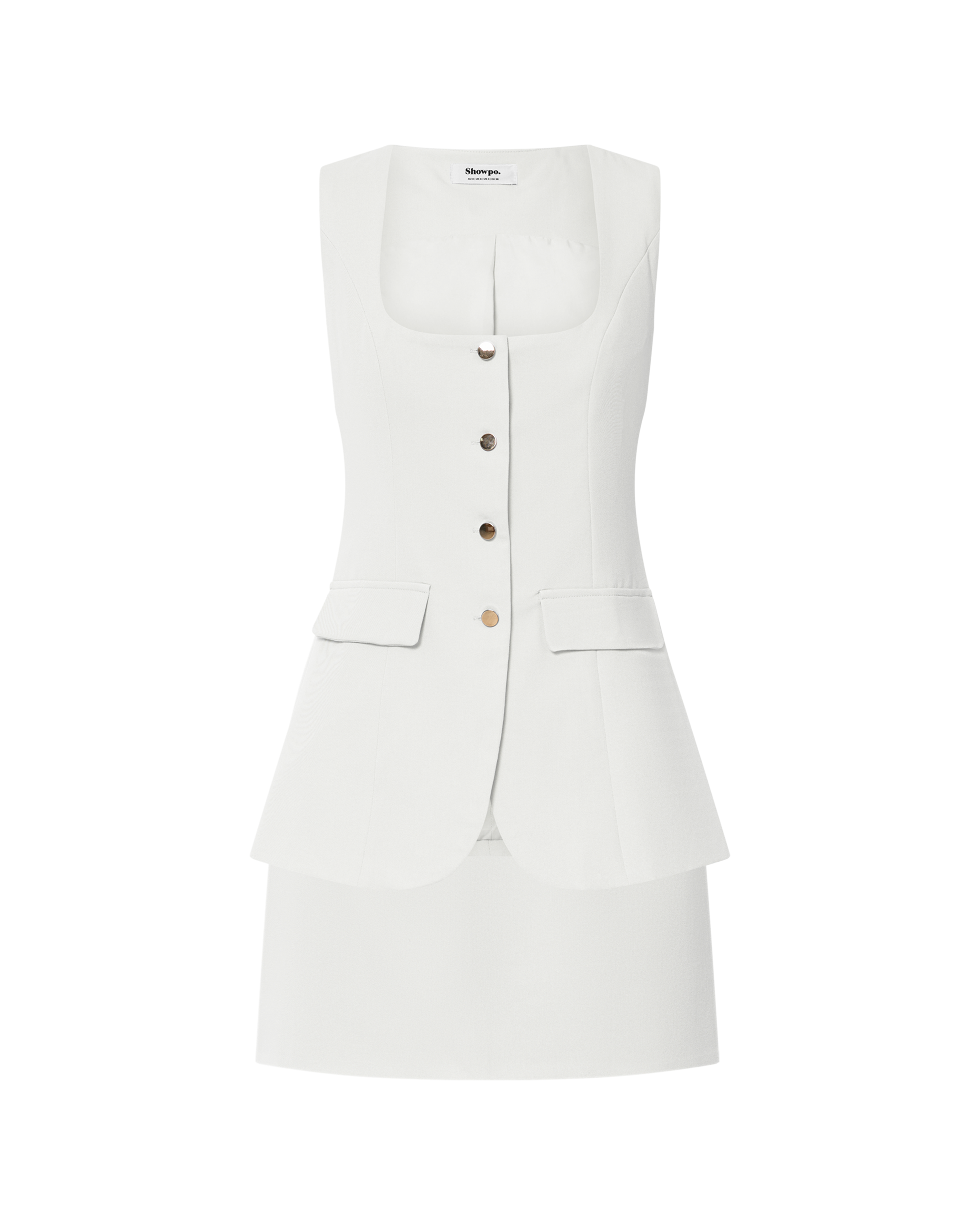 Phyllis Two Piece Set - Tailored Scoop Neck Vest Top and A Line Mini Skirt Set with Gold Buttons in White