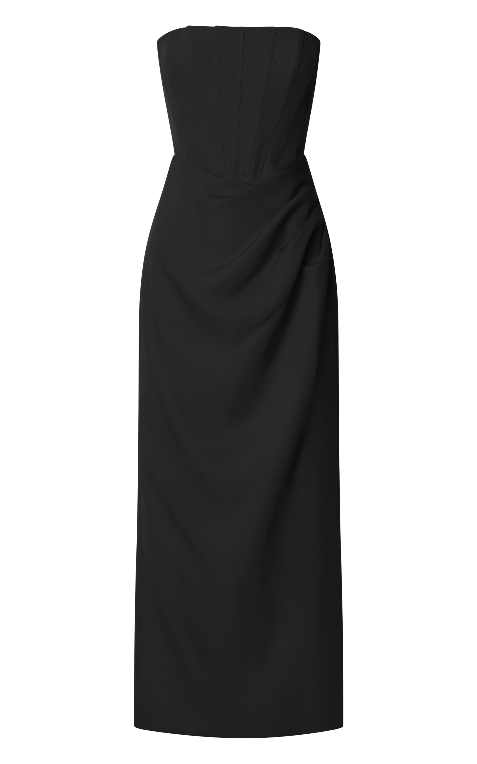 Avery Midi Dress - Strapless Draped Side Split Dress in Black