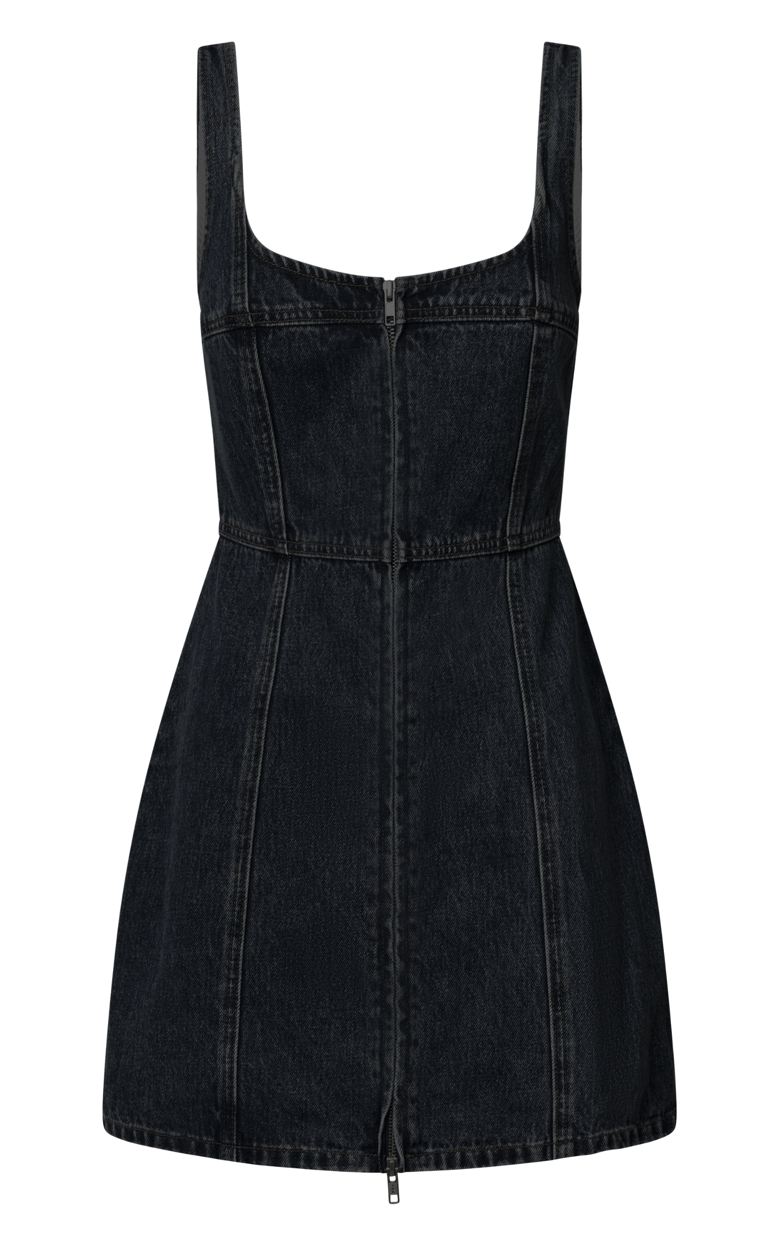 Chrysoula Mini Dress - Square Neck Zip Front Sleeveless Bodycon Denim in Washed Black
