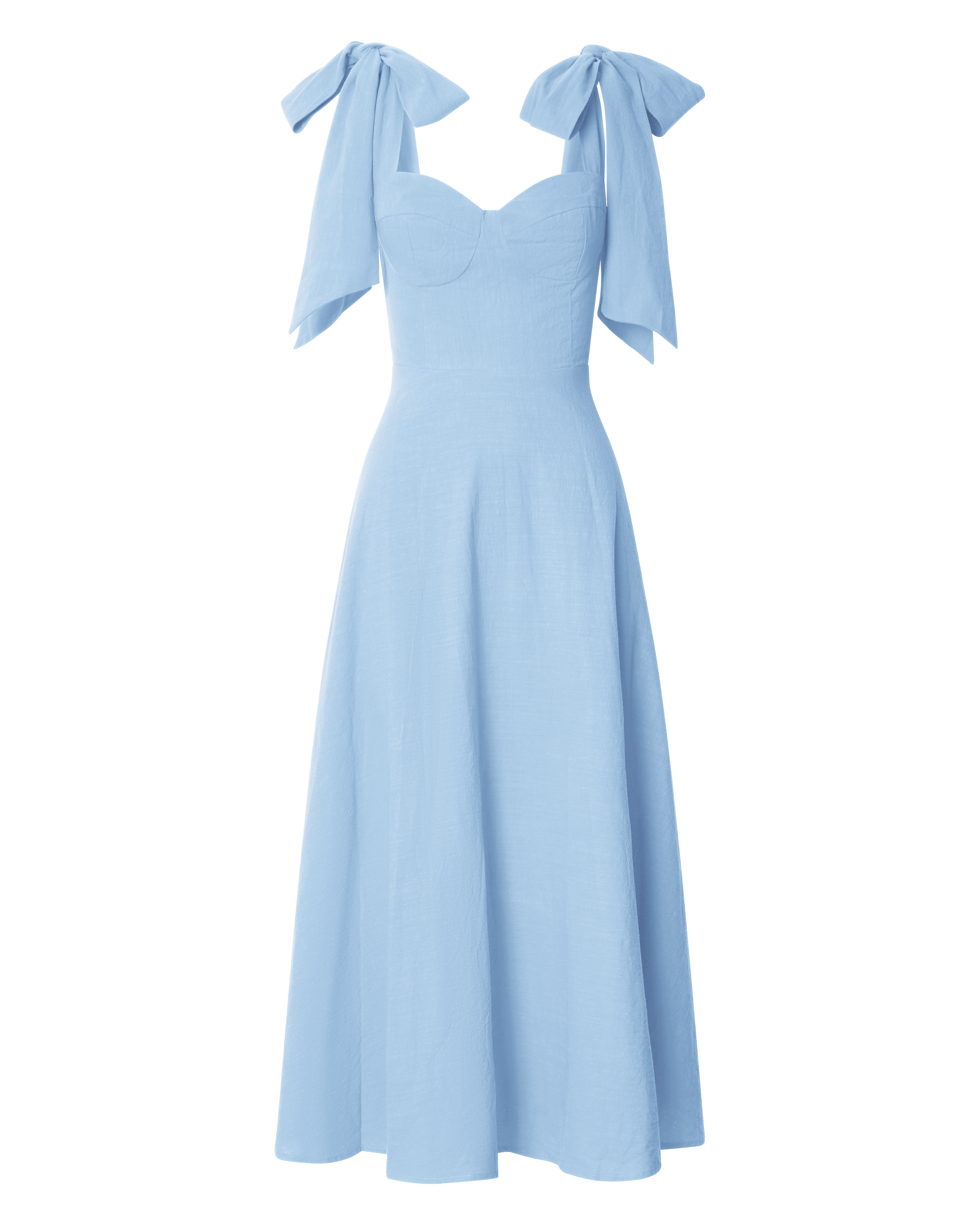 Tymia Midi Dress - Shoulder Tie Bustier Shirred Back A Line in Pastel Blue
