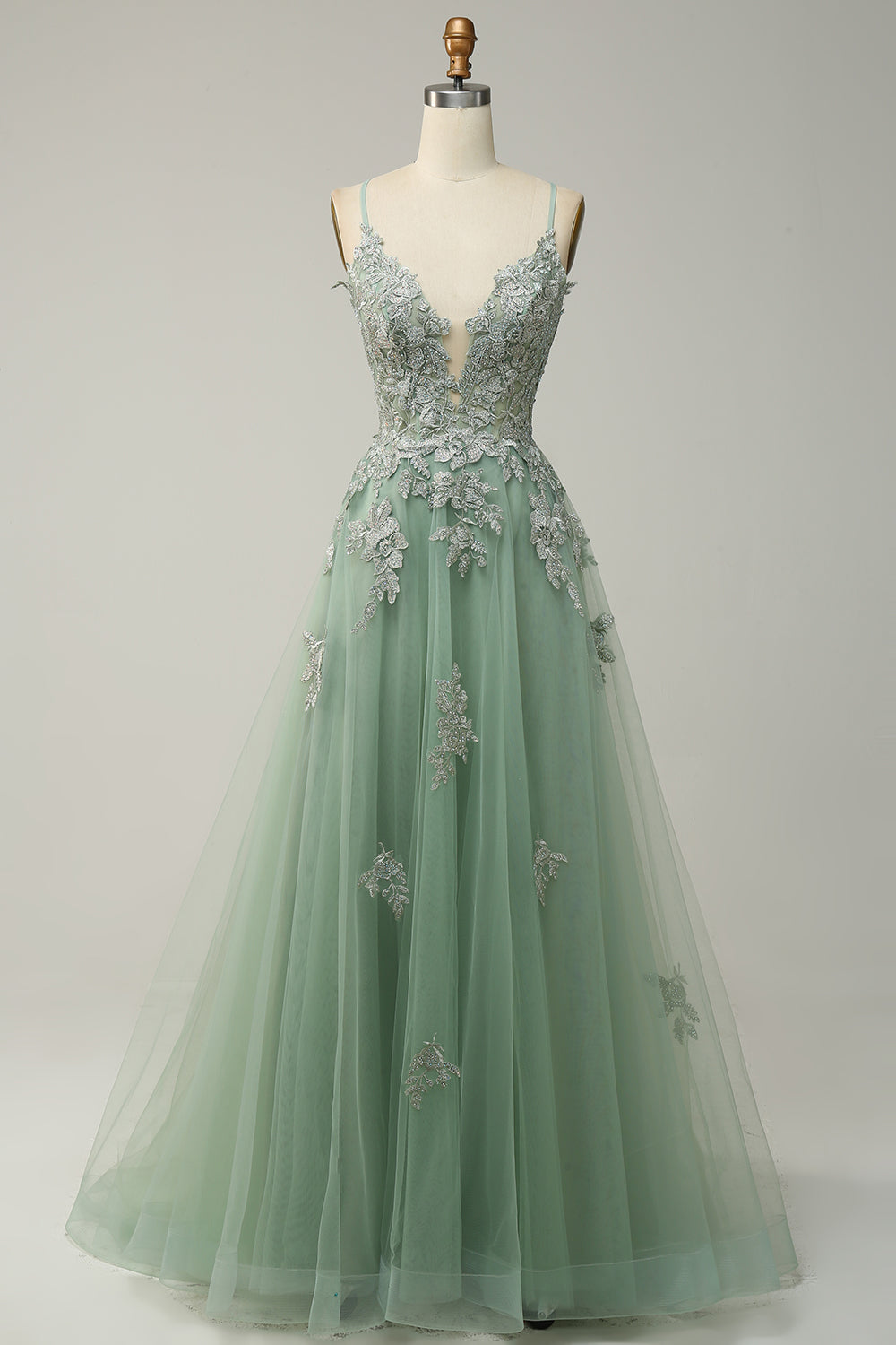 Plus Size Green Spaghetti Straps Appliques Tulle Long Prom Dress