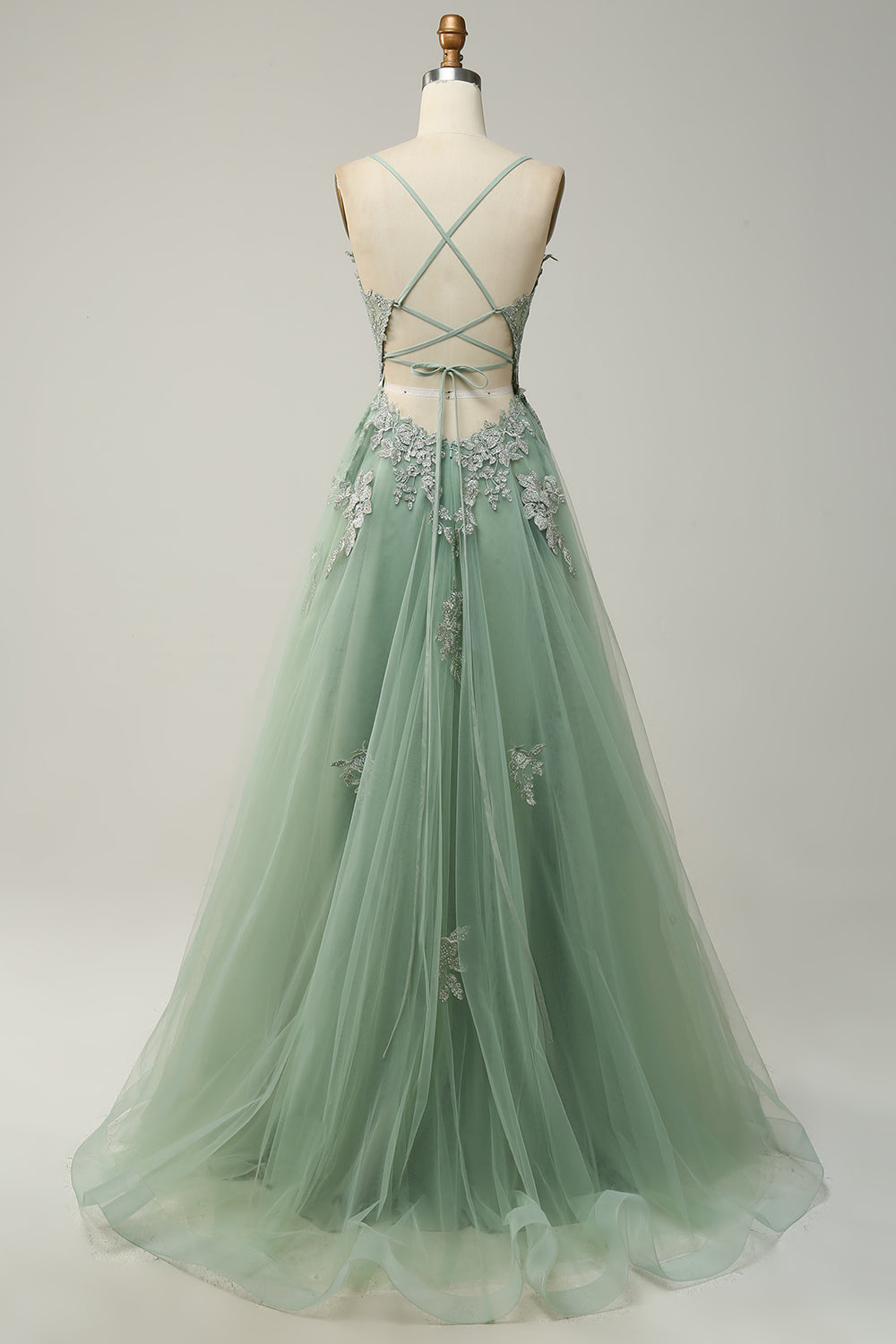 Plus Size Green Spaghetti Straps Appliques Tulle Long Prom Dress