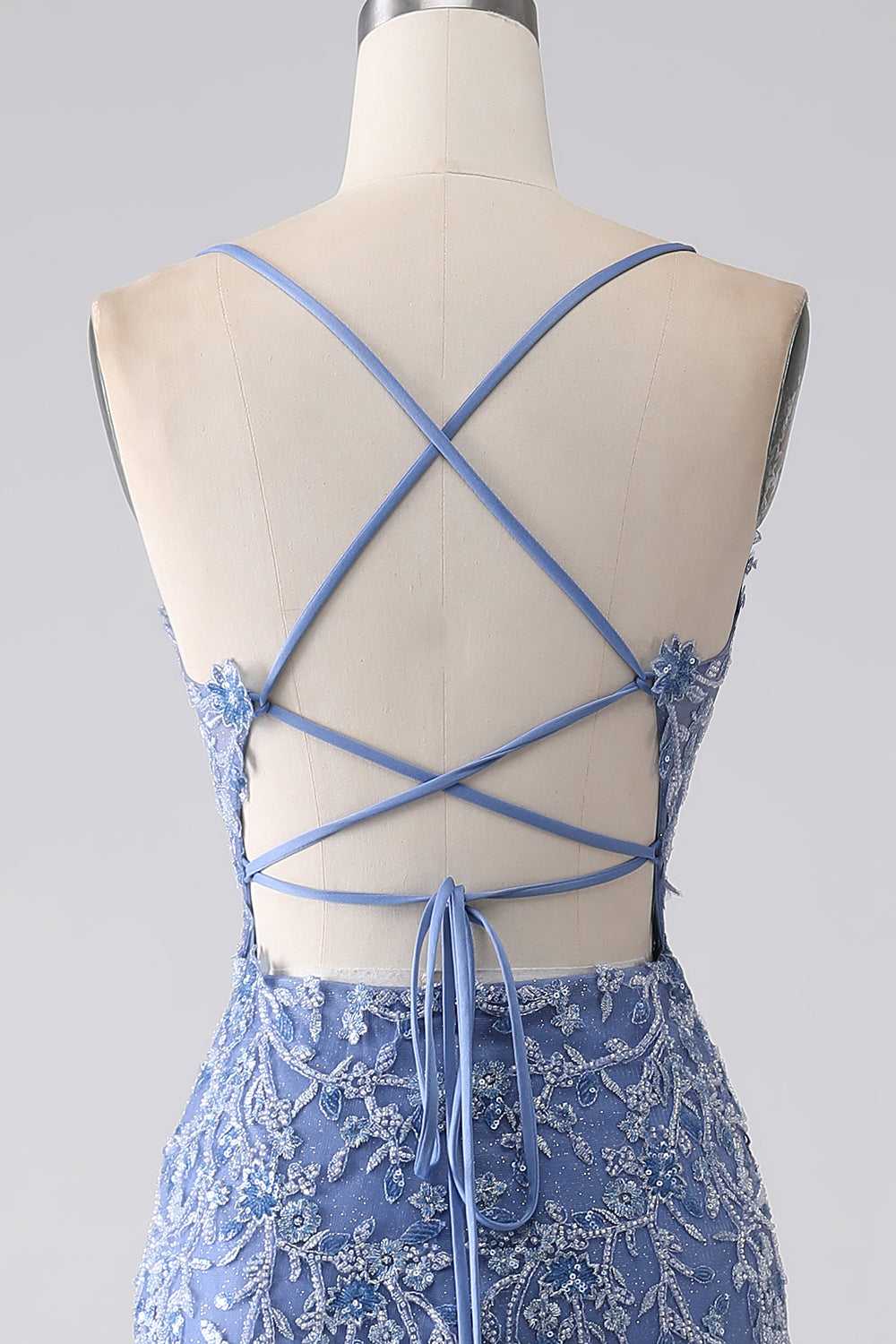 Grey Blue Mermaid Spaghetti Strap Beaded Backless Prom Dress With Appliques
