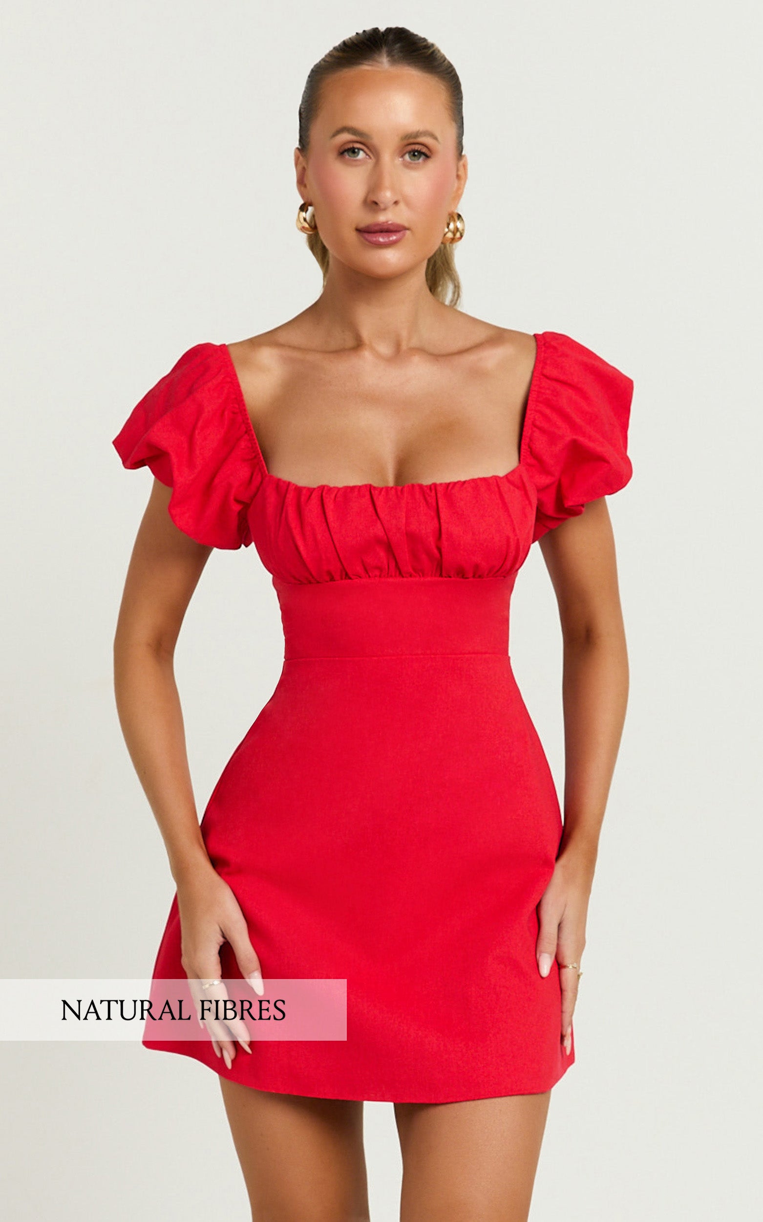 Ginny Mini Dress - Square Neck Ruched Bodice Puff Sleeve Straight Dress in Red