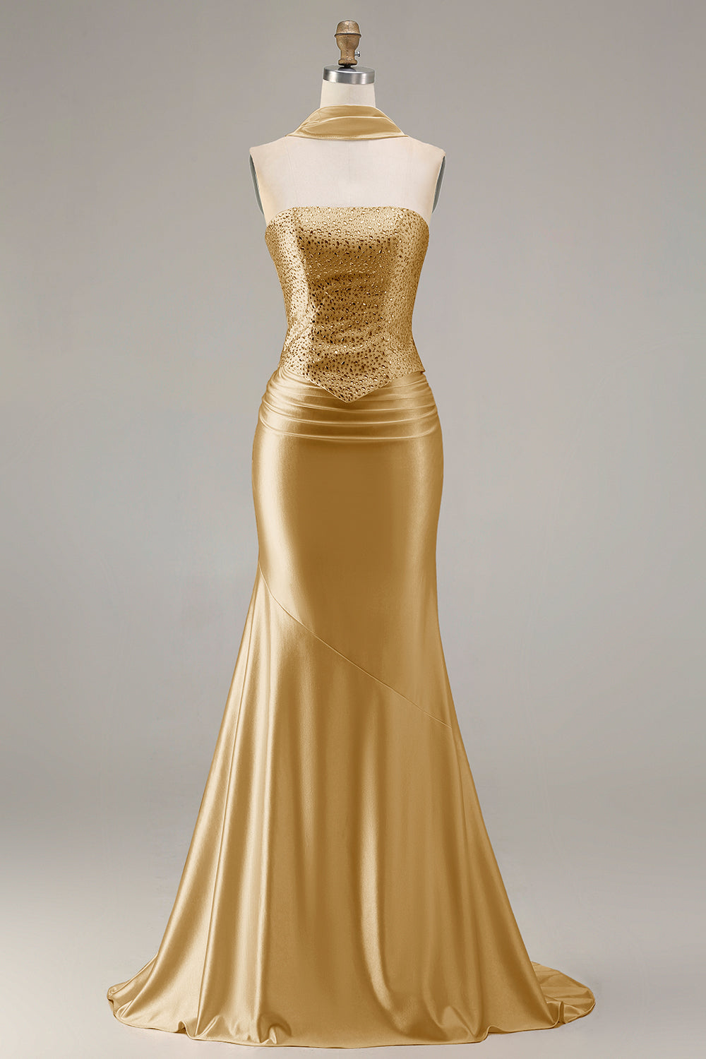 Sparkly Champagne Mermaid Neck Scarf Long Prom Dress with Beading