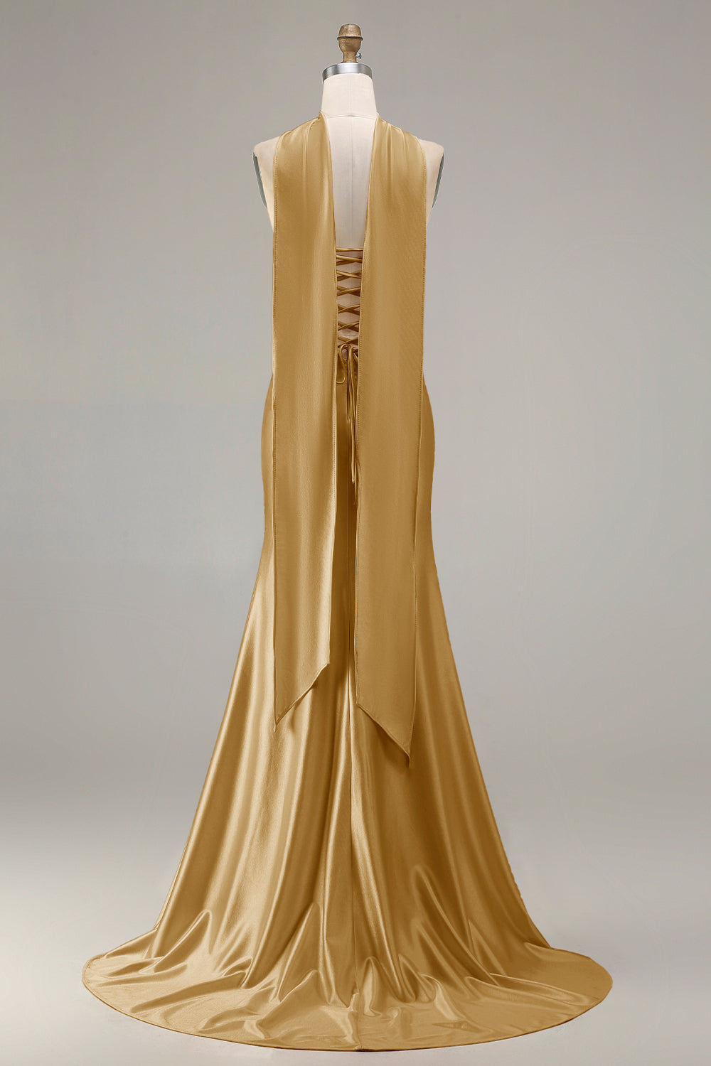 Sparkly Champagne Mermaid Neck Scarf Long Prom Dress with Beading