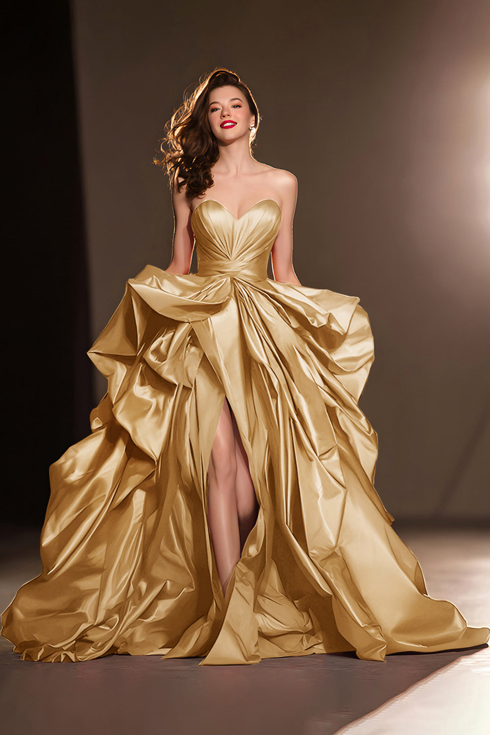 Dark Red Sweetheart Ruffled Ball Gown Long Masquerade Ball Dress with Slit