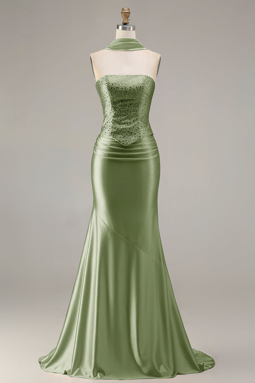 Sparkly Champagne Mermaid Neck Scarf Long Prom Dress with Beading