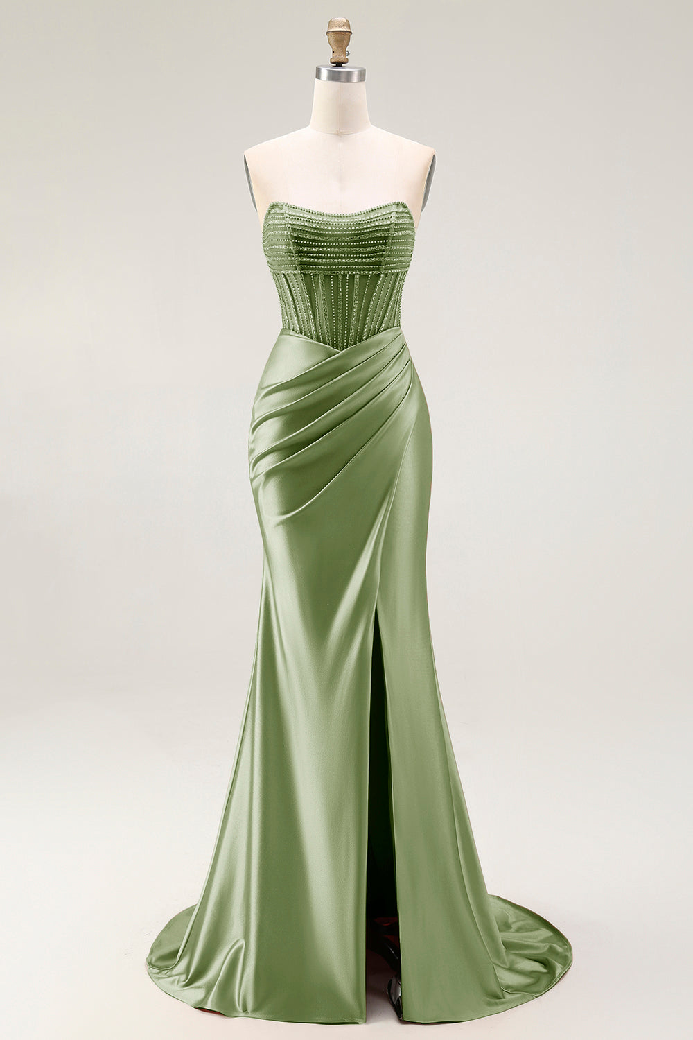 Sparkly Blush Mermaid Strapless Ruched Long Prom Dress with Slit