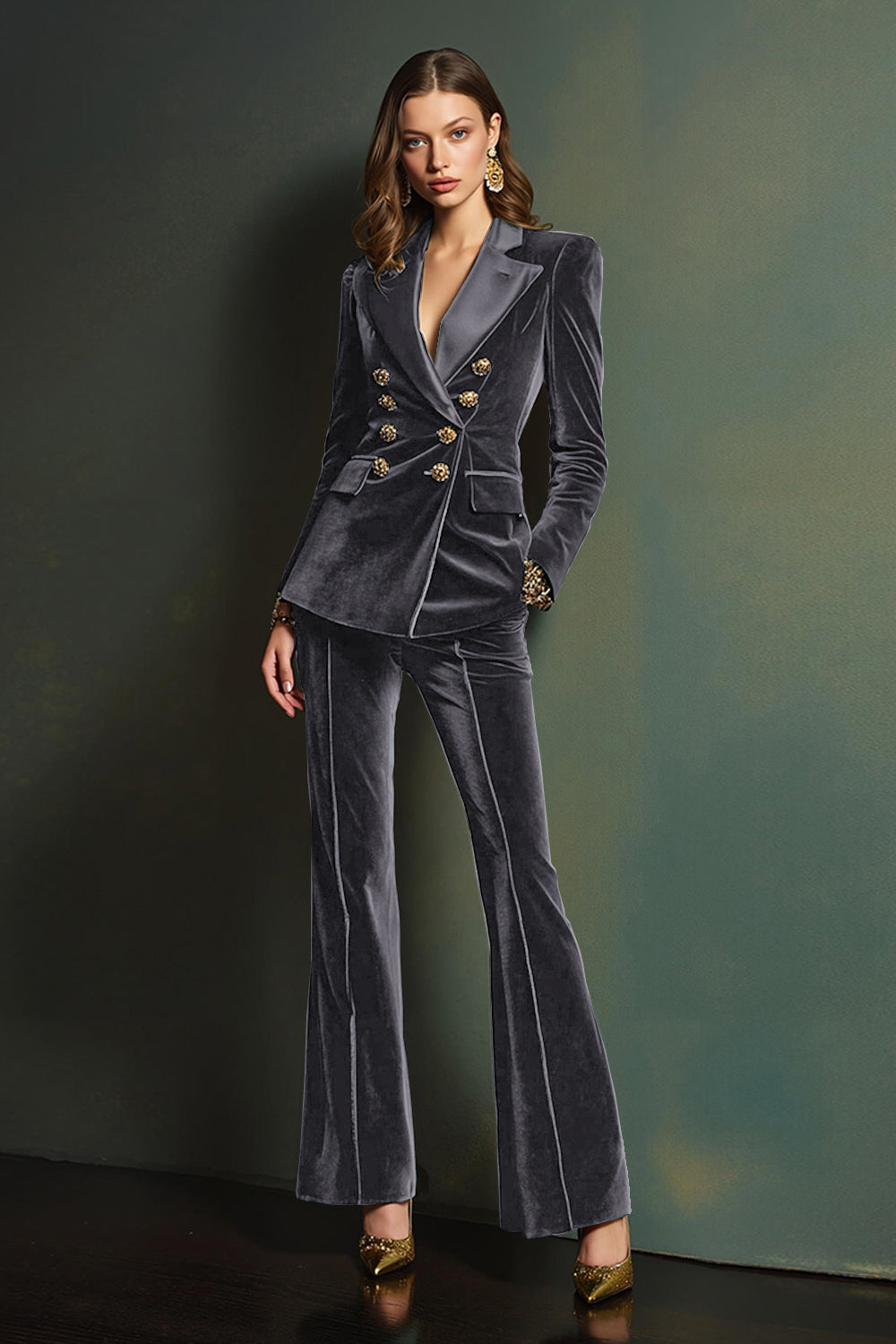 Dark Green Velvet Double Breasted 2 Piece Women Prom Suits with Sleeves