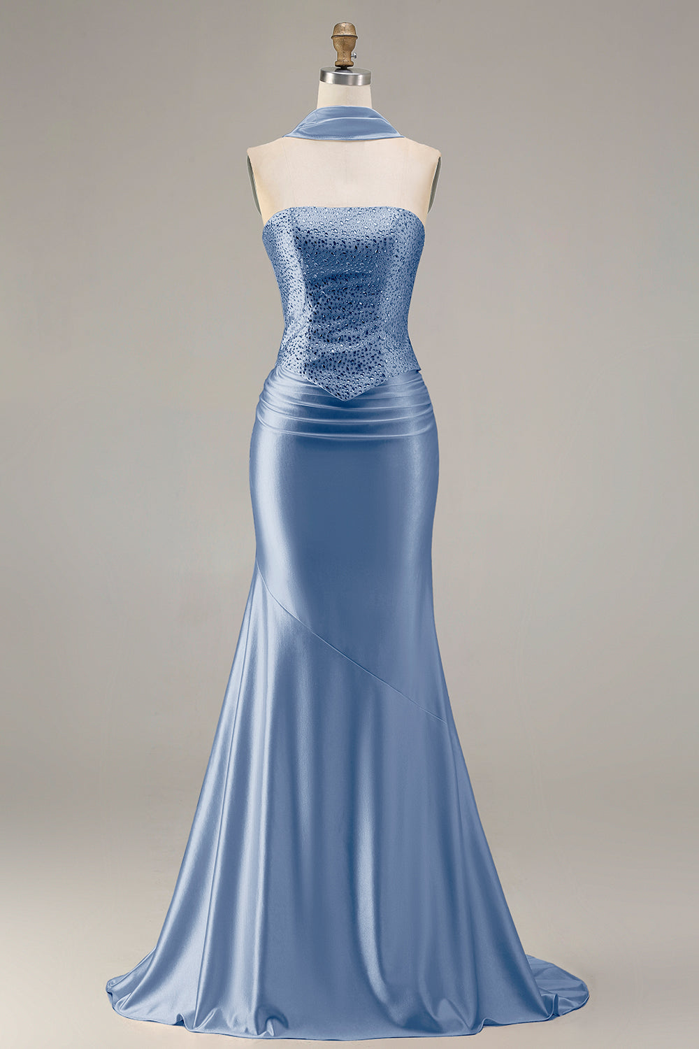 Sparkly Champagne Mermaid Neck Scarf Long Prom Dress with Beading