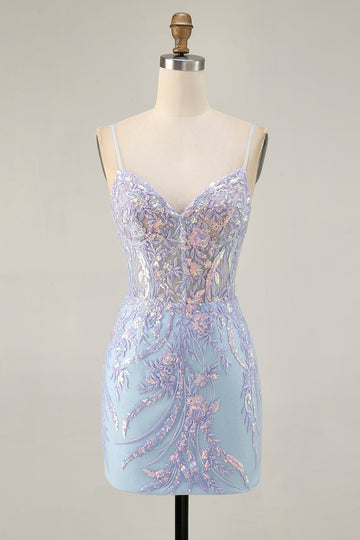 Sparkly Blue Corset Spaghetti Straps Lace Short Homecoming Dress