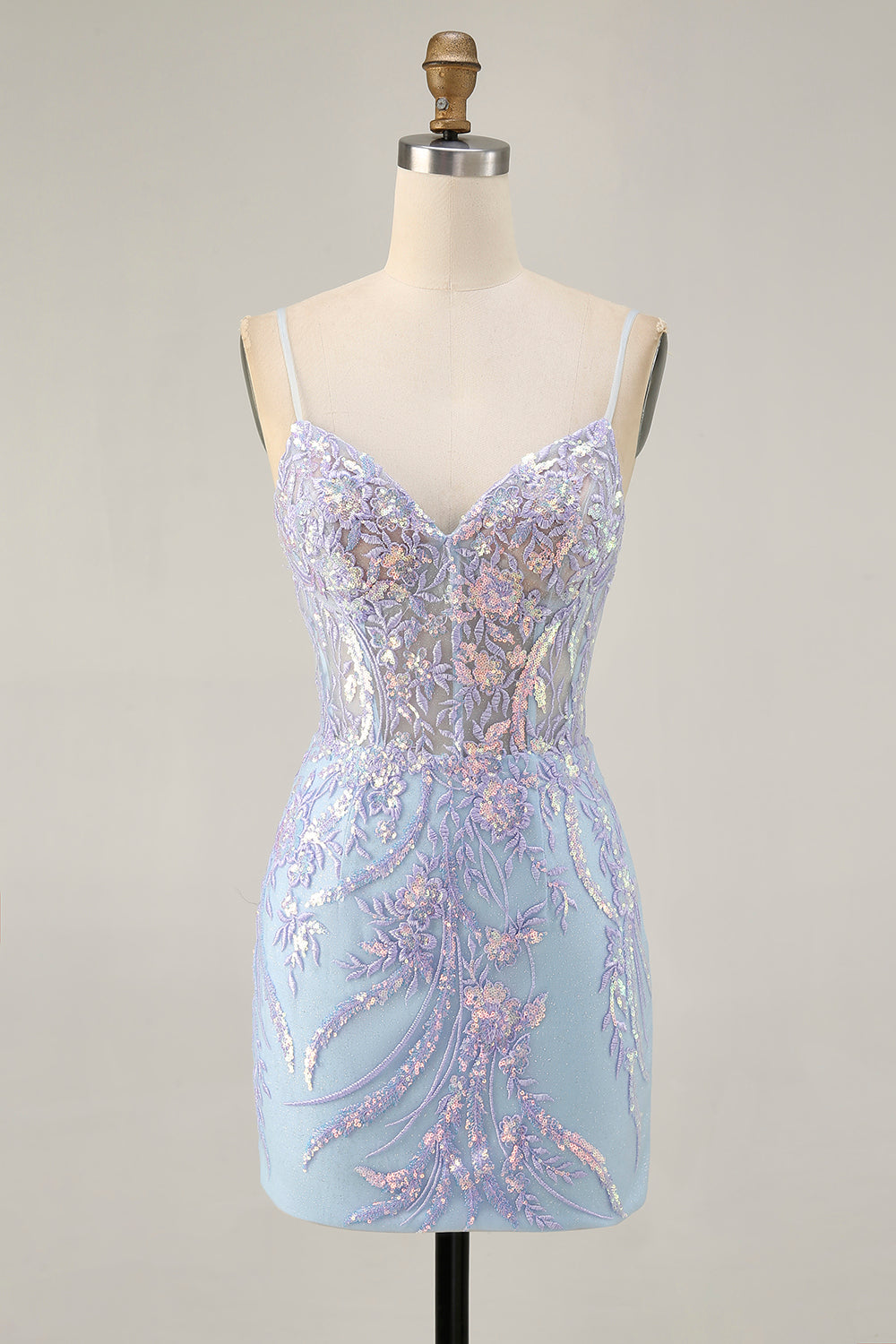 Sparkly Blue Corset Spaghetti Straps Lace Short Homecoming Dress
