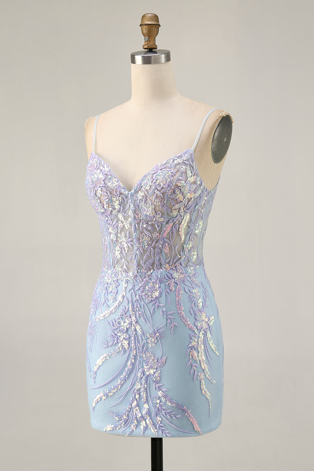 Sparkly Blue Corset Spaghetti Straps Lace Short Homecoming Dress