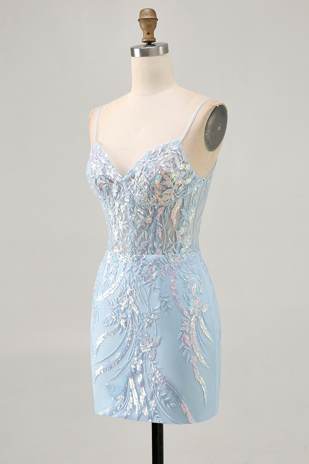 Sparkly Blue Corset Spaghetti Straps Lace Short Homecoming Dress