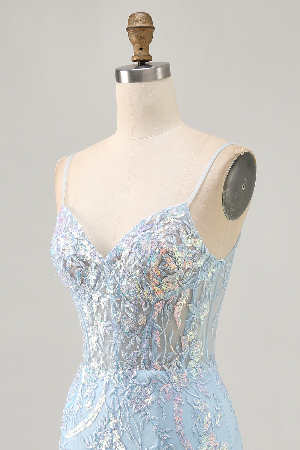 Sparkly Blue Corset Spaghetti Straps Lace Short Homecoming Dress