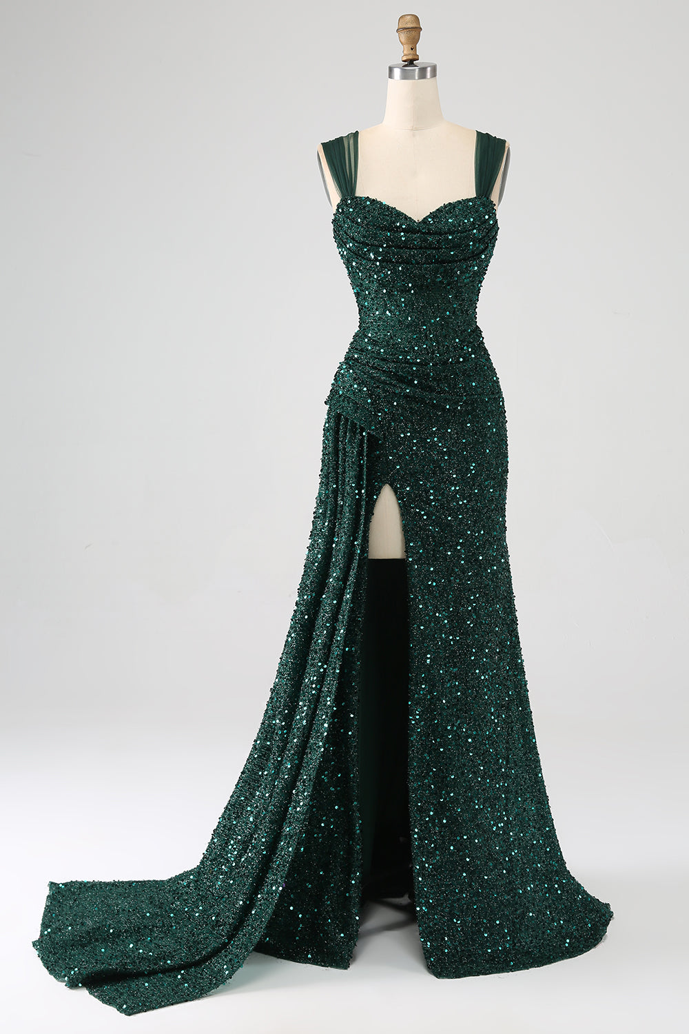 Sparkly Dark Green Sheath Sequin Pleated Long Prom Dress with Slit