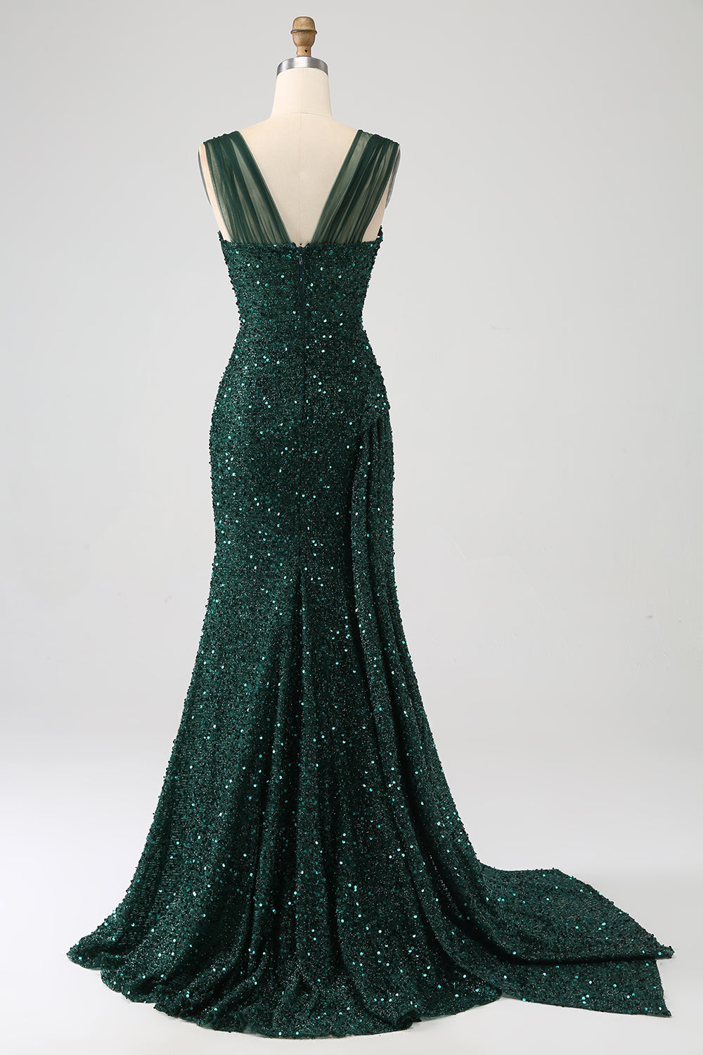 Sparkly Dark Green Sheath Sequin Pleated Long Prom Dress with Slit