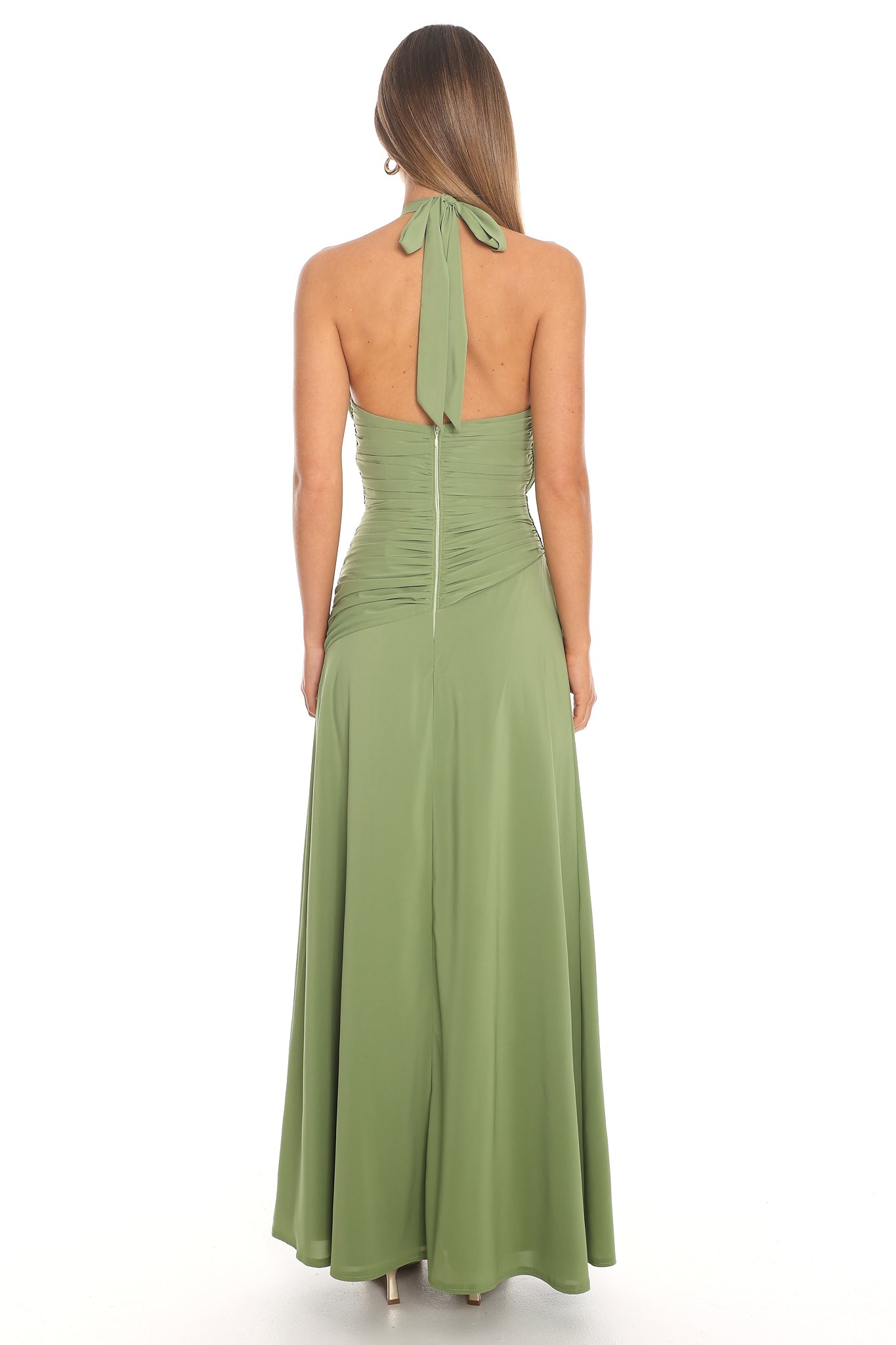 Leolina Ruched Halter Maxi Dress Matcha