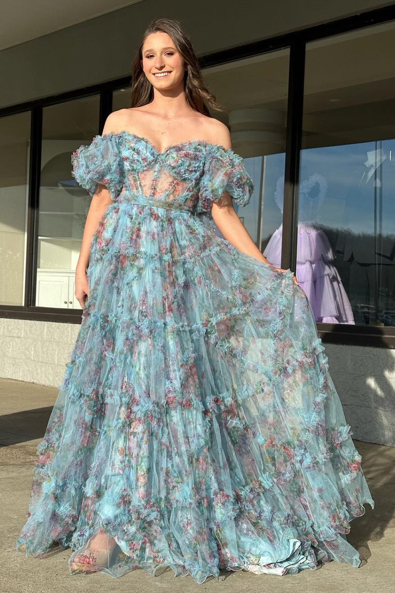 A Line Off The Shoulder Floral Tulle Prom Dress