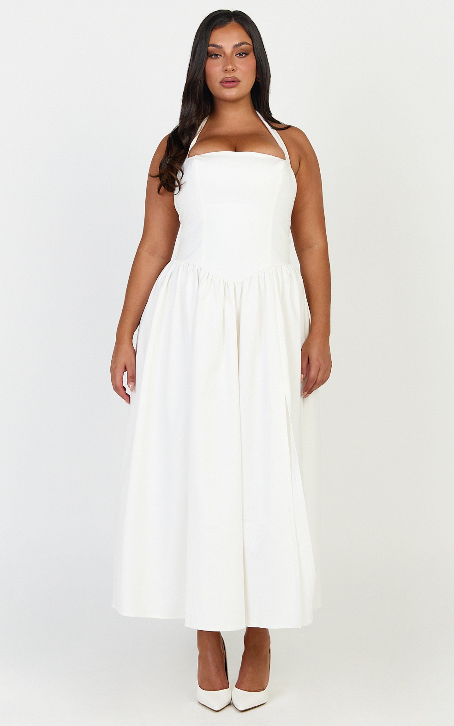 Helda Midi Dress - Halter Tie Neck Corset Panel Dress in Off White