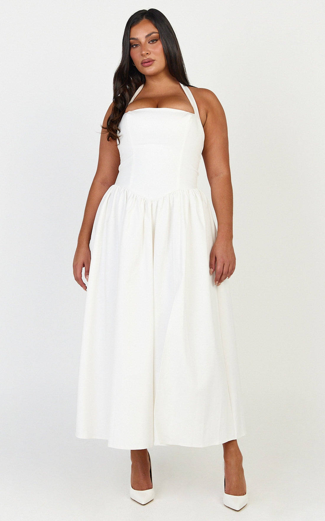 Helda Midi Dress - Halter Tie Neck Corset Panel Dress in Off White