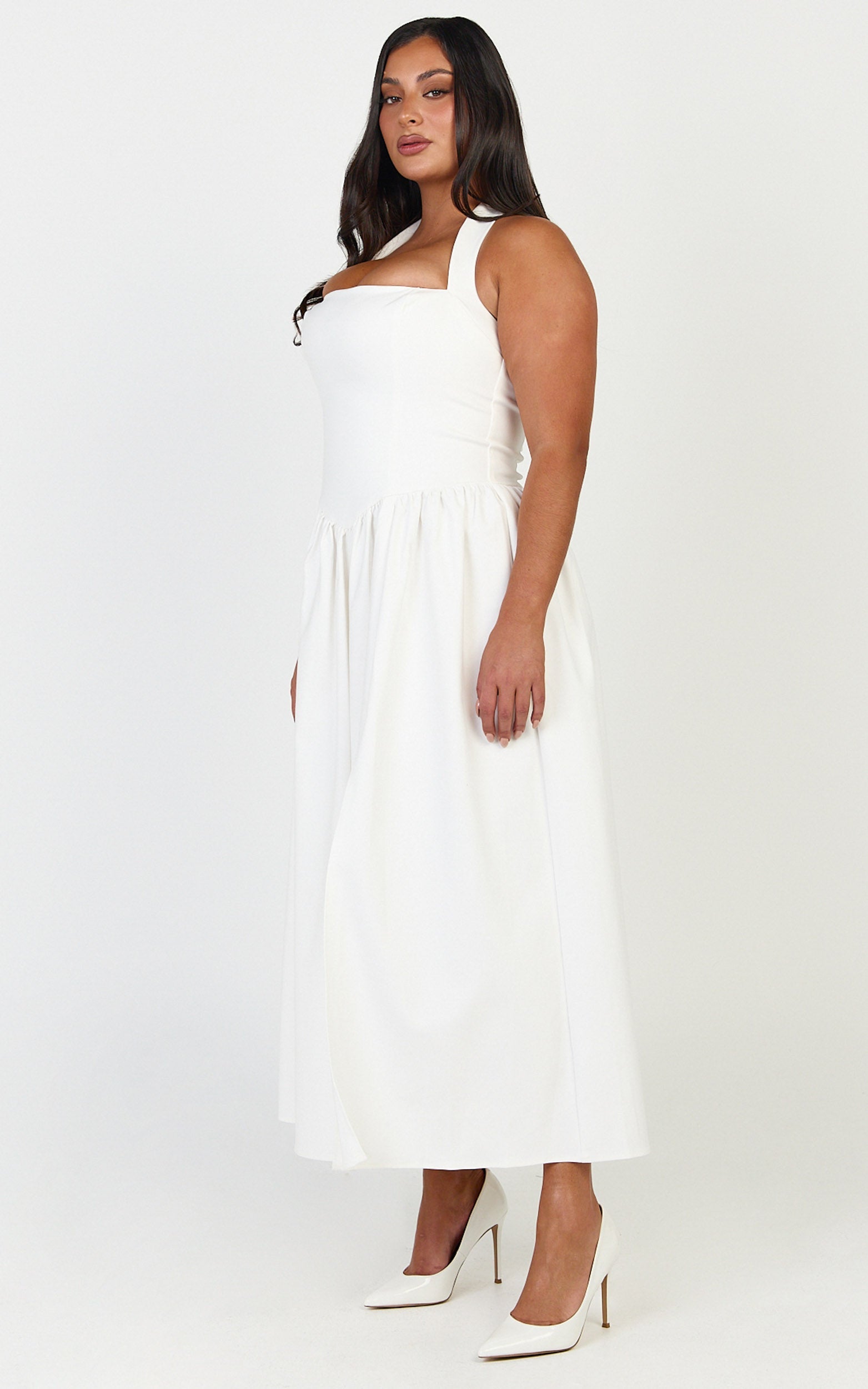 Helda Midi Dress - Halter Tie Neck Corset Panel Dress in Off White