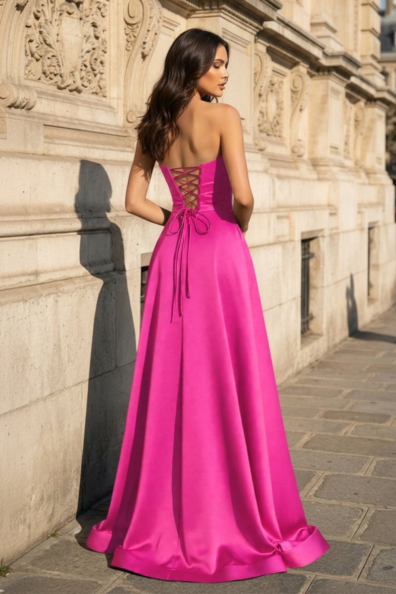 A Line Black Strapless Satin Prom Dresses With Slit