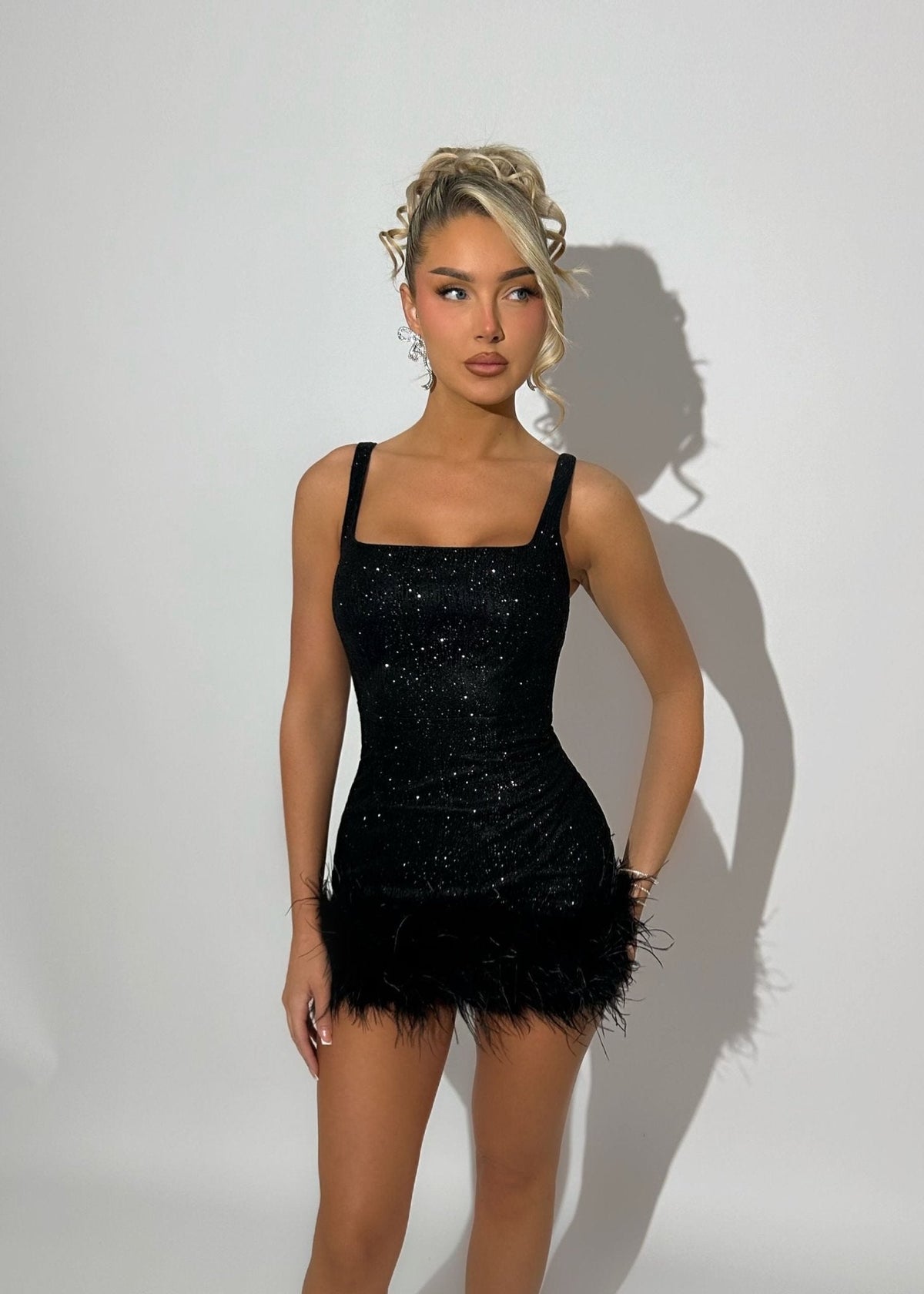 Glitz and Glamour Feather Detail Mini Dress - Black