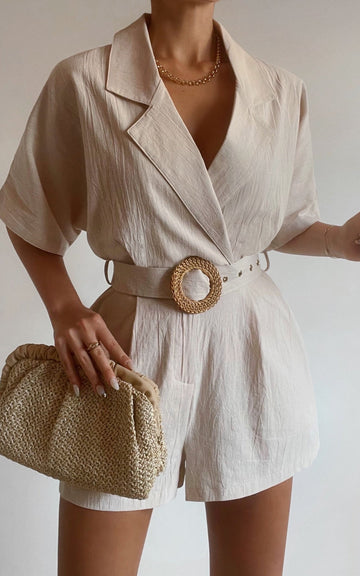 Thaisa Playsuit - Short Sleeve Collared Belted Playsuit in Biscuit