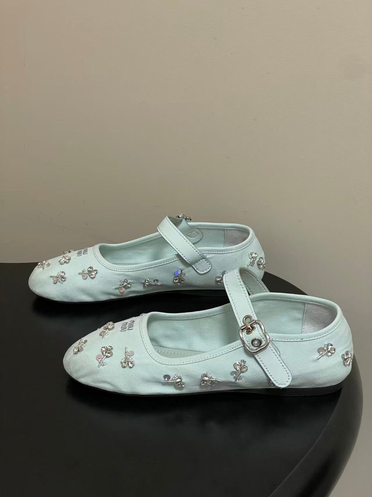 Miu 26s Crystal-Embellished Drill Ballerinas Light Blue Canvas