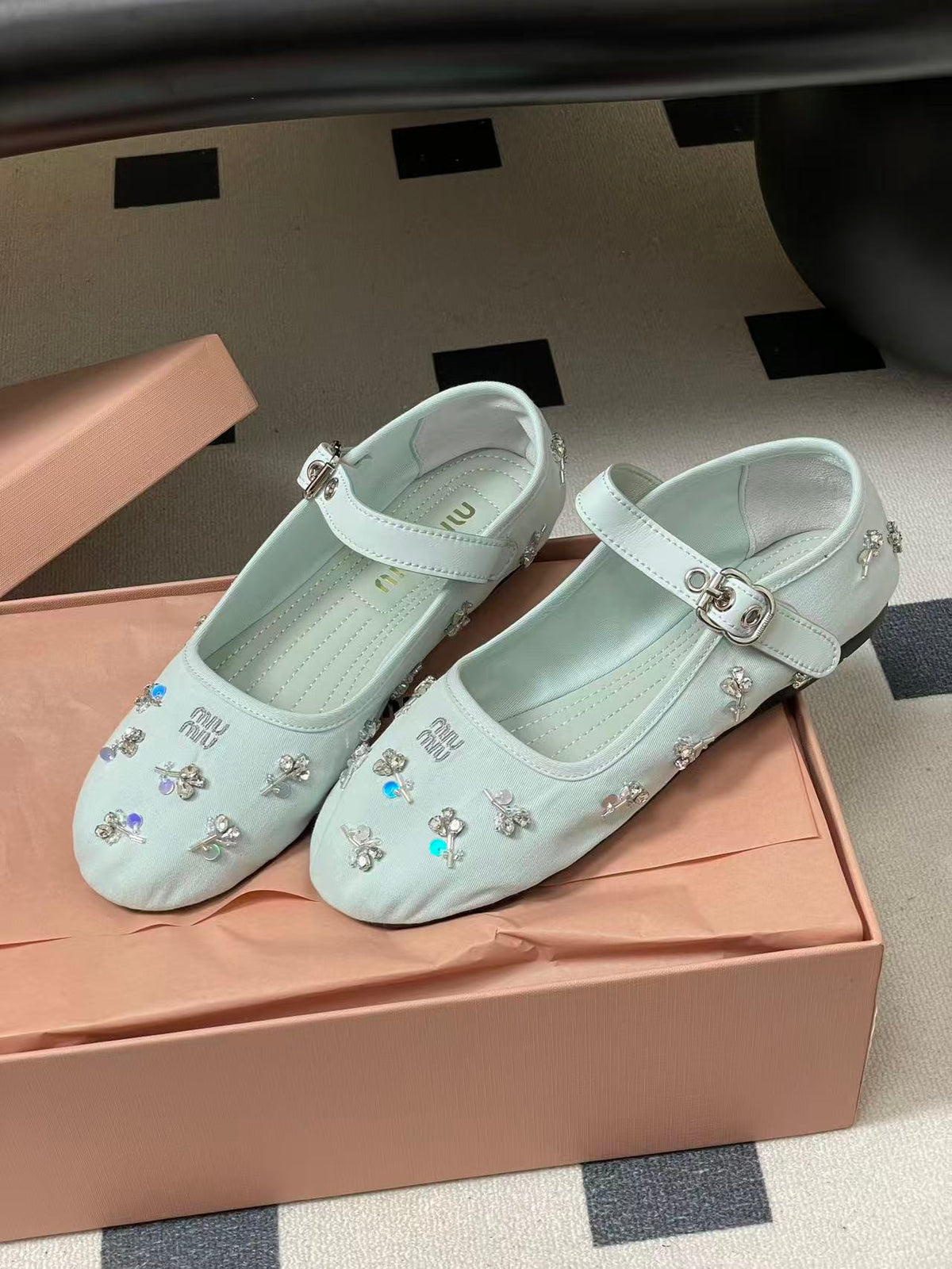 Miu 26s Crystal-Embellished Drill Ballerinas Light Blue Canvas