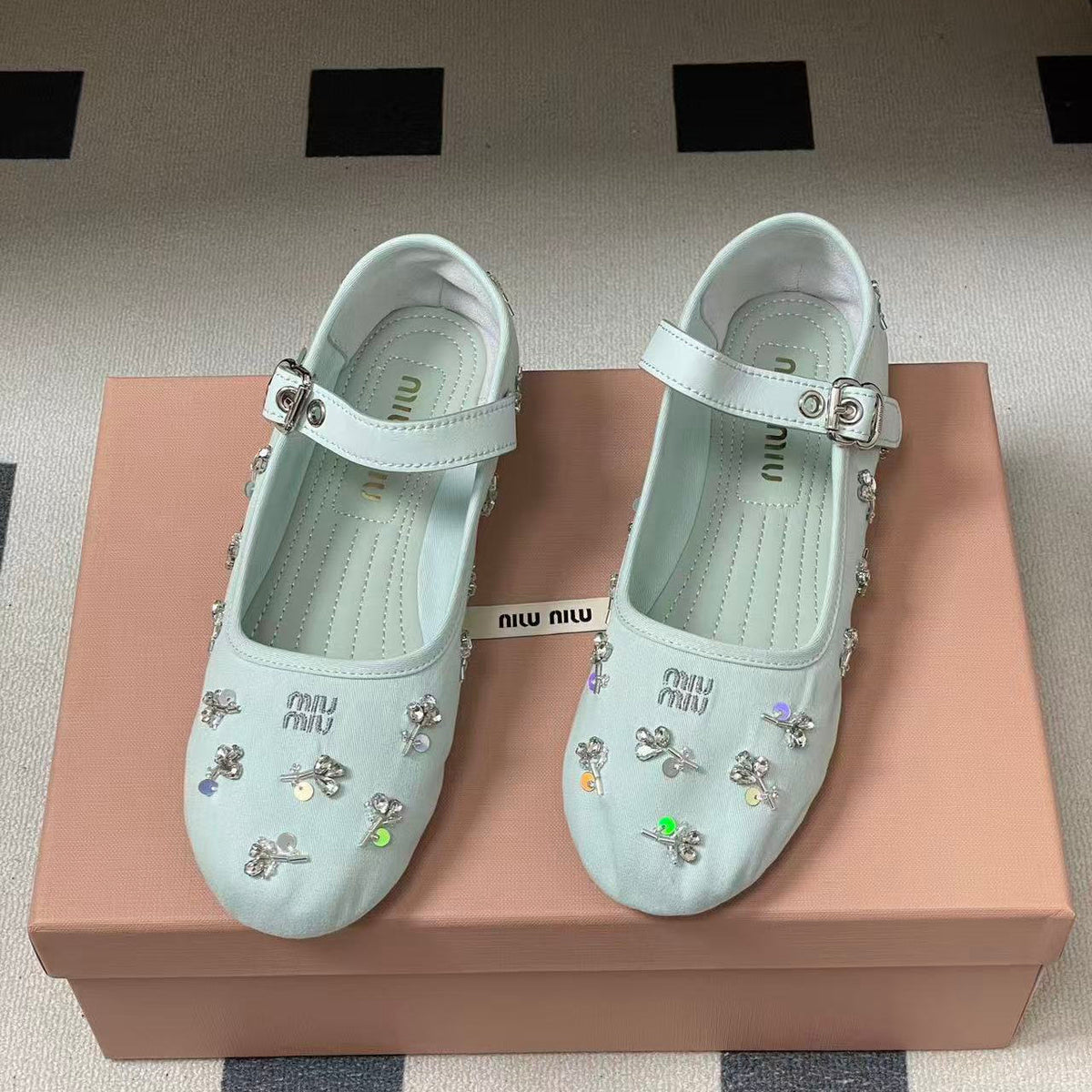 Miu 26s Crystal-Embellished Drill Ballerinas Light Blue Canvas