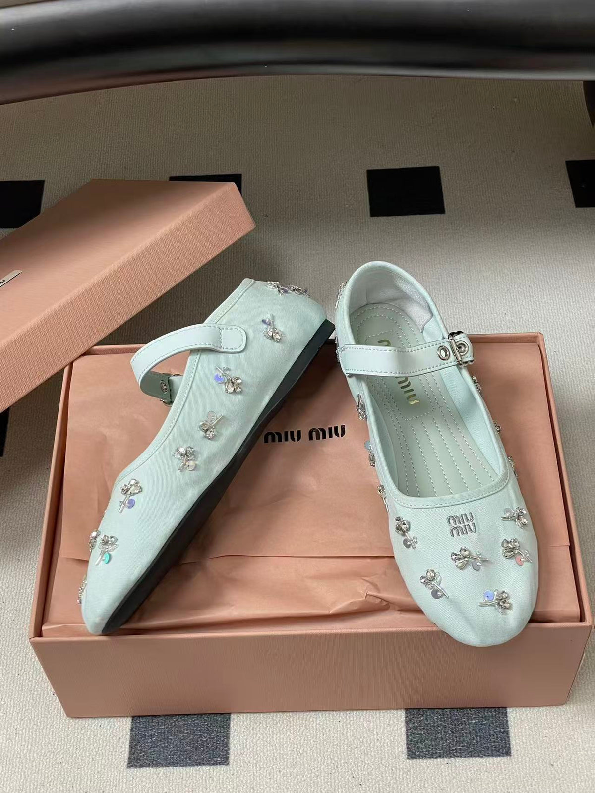 Miu 26s Crystal-Embellished Drill Ballerinas Light Blue Canvas