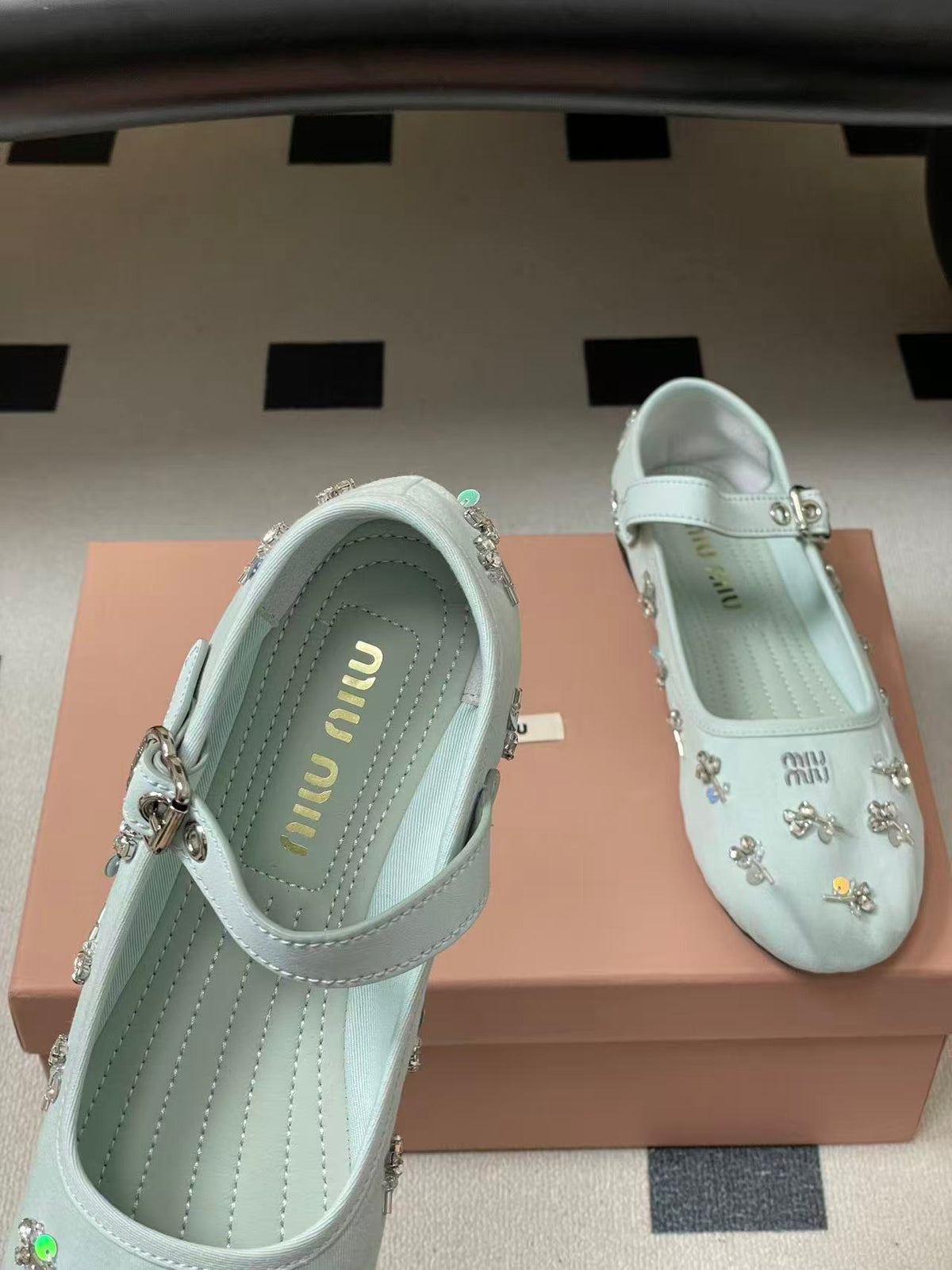 Miu 26s Crystal-Embellished Drill Ballerinas Light Blue Canvas