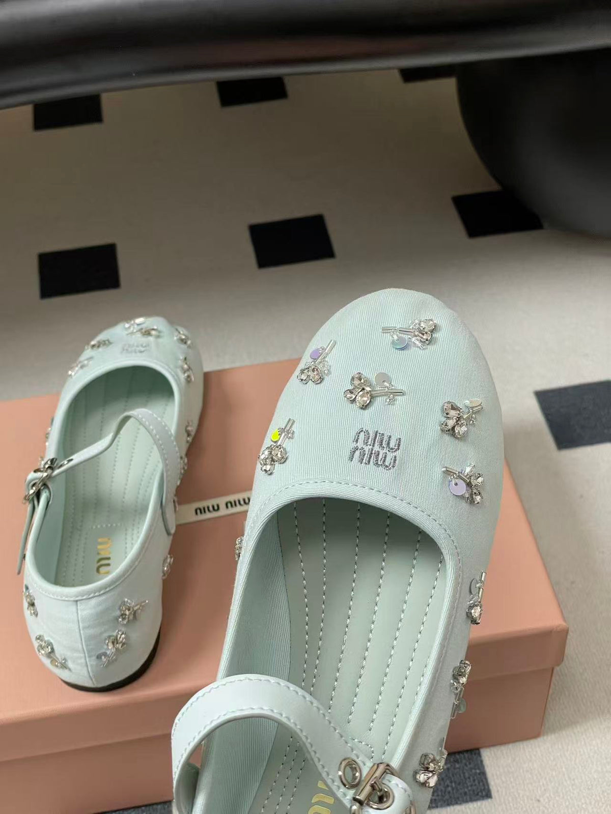 Miu 26s Crystal-Embellished Drill Ballerinas Light Blue Canvas