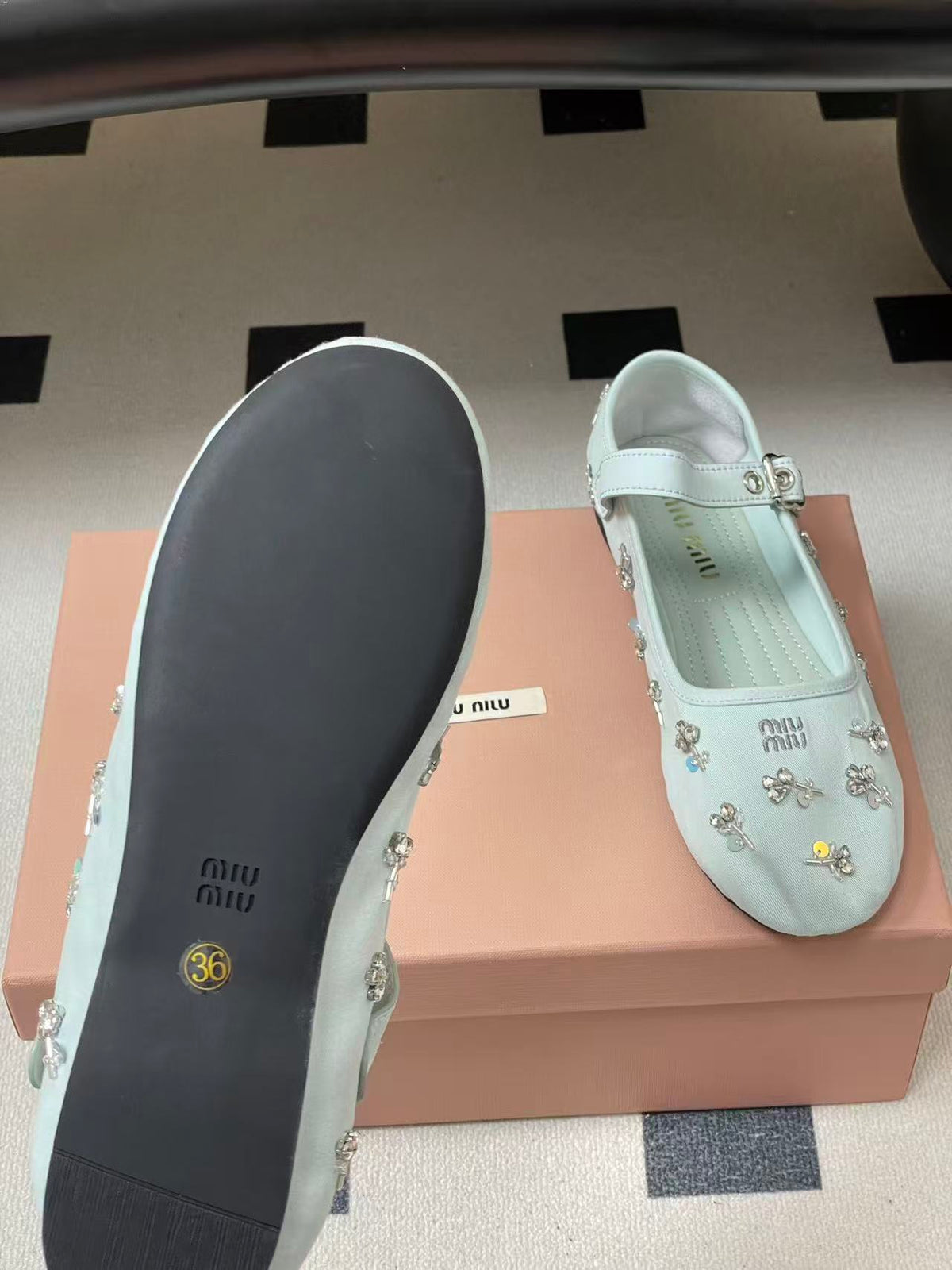 Miu 26s Crystal-Embellished Drill Ballerinas Light Blue Canvas