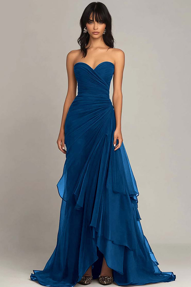 Dark Brown Sweetheart Ruched Long Formal Dress with Ruffles