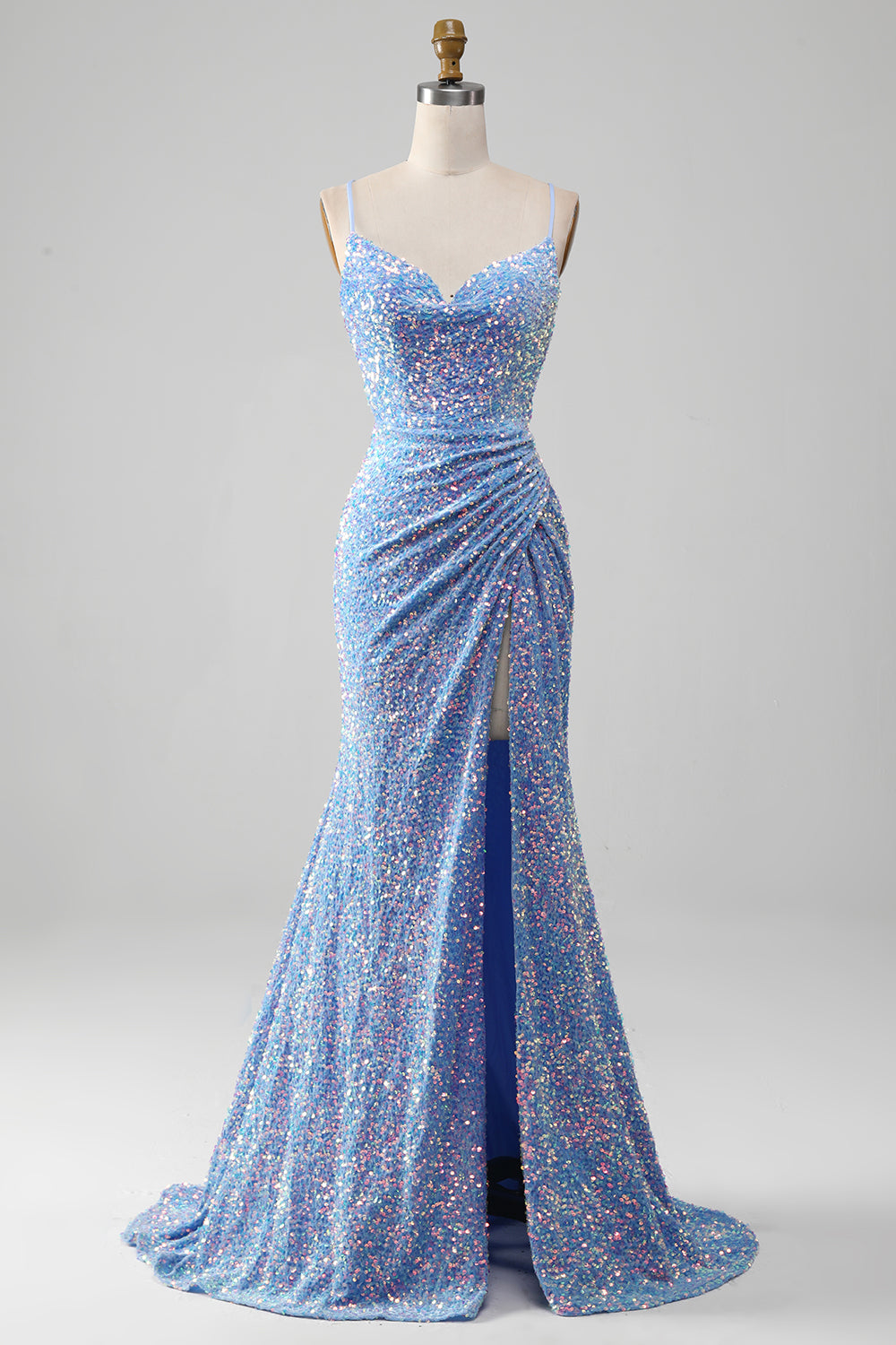 Sparkly Spaghetti Straps Mermaid Light Blue Prom Dress with Slit
