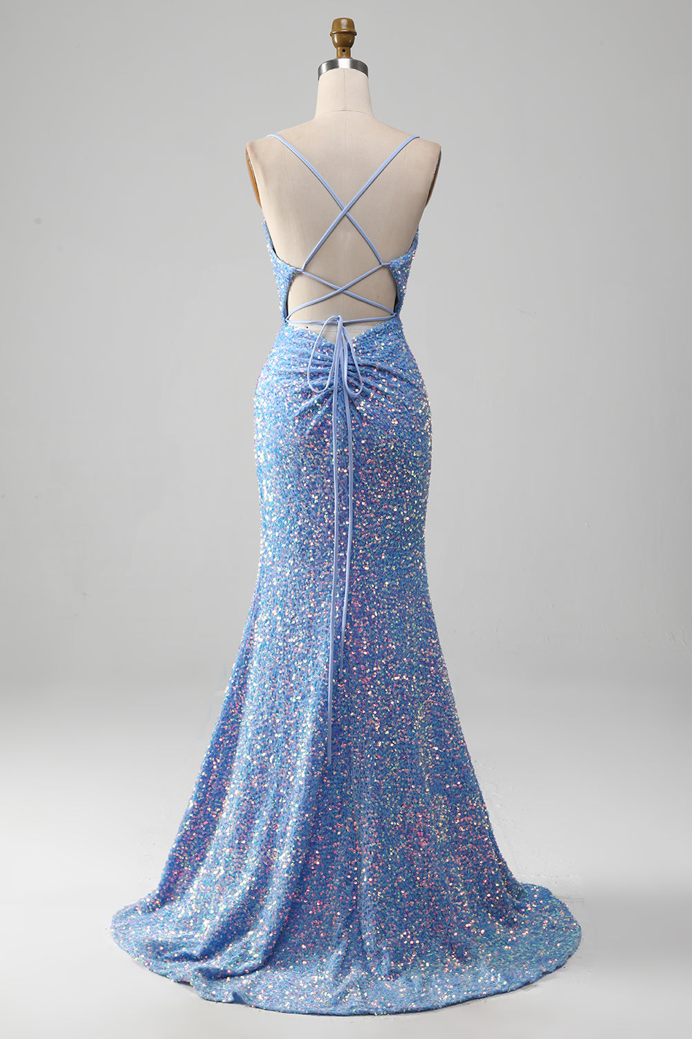 Sparkly Spaghetti Straps Mermaid Light Blue Prom Dress with Slit