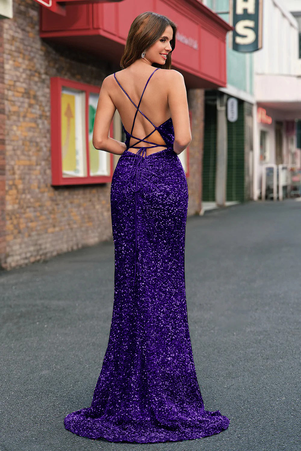 Sparkly Spaghetti Straps Mermaid Light Blue Prom Dress with Slit