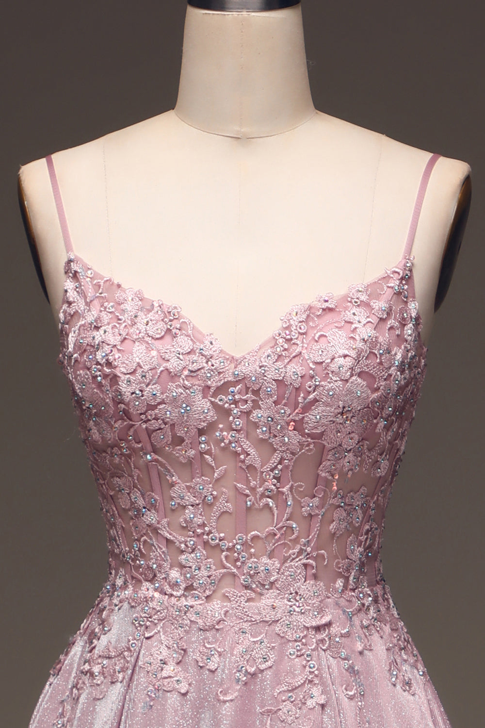 Glitter Spaghetti Straps Blush Prom Dress with Beading