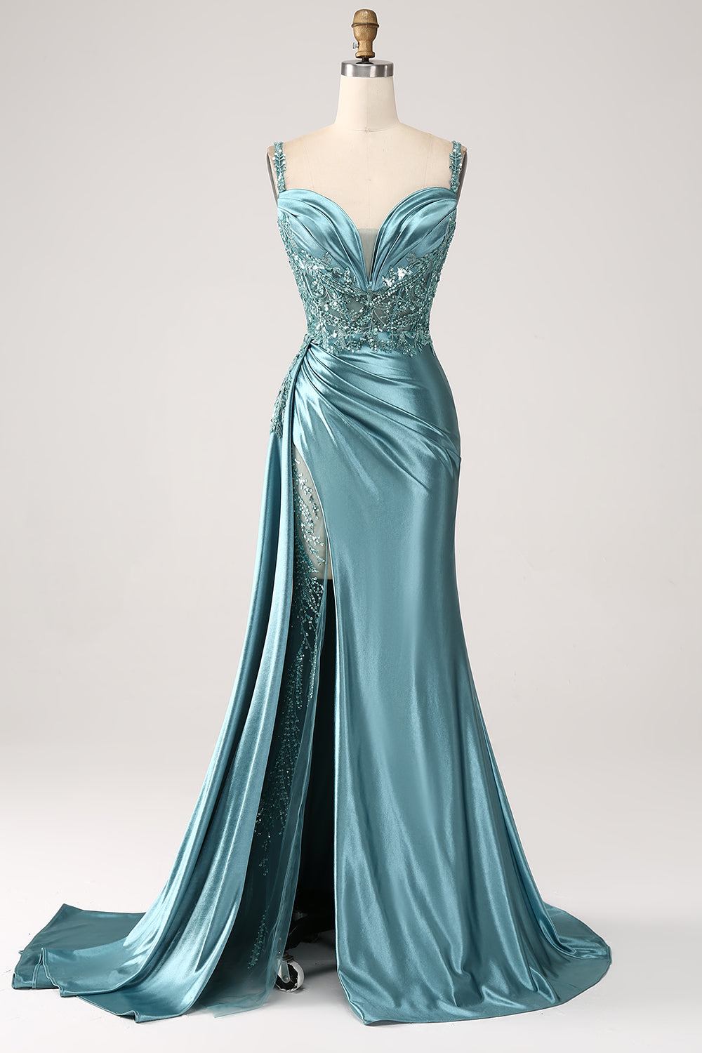 Sparkly Dark Green Mermaid Corset Satin Side Cape Prom Dress with Slit
